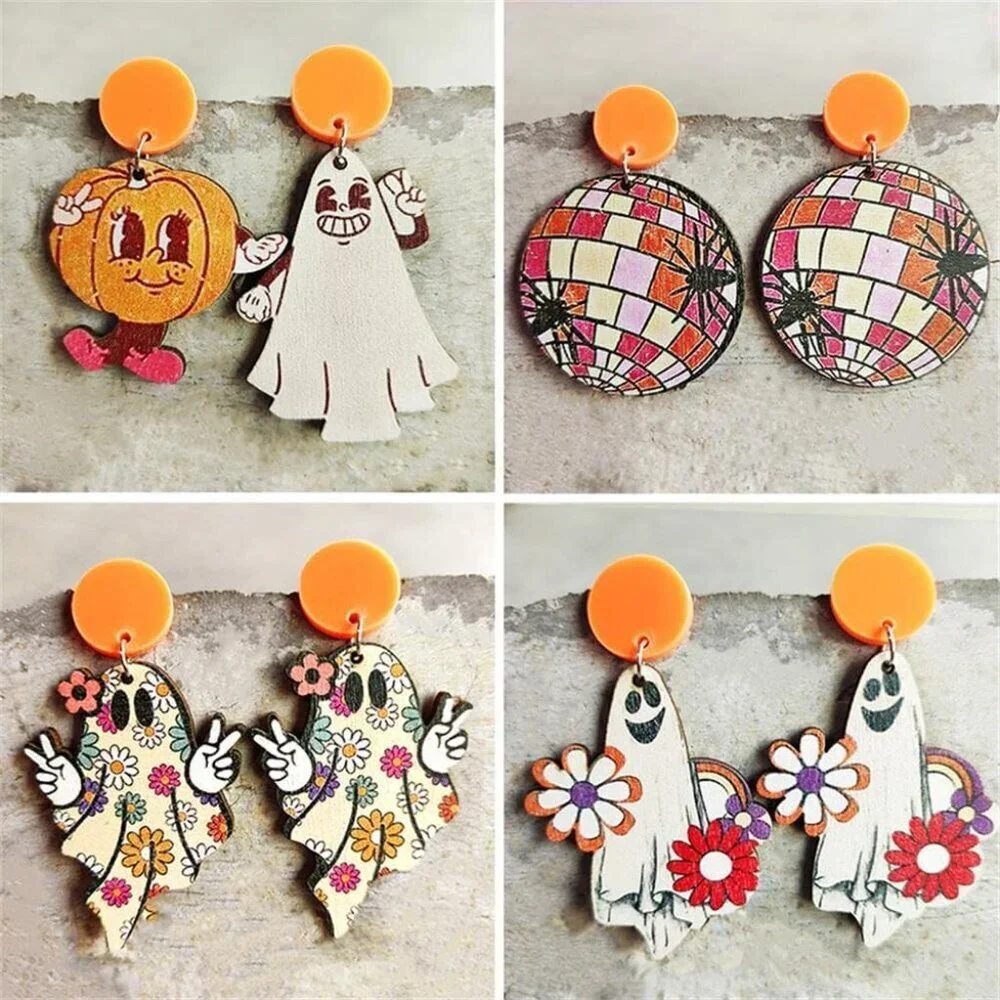 Women's Ghost Flowers Maple Wooden Cartoon Ghost Pumpkin Halloween Earrings